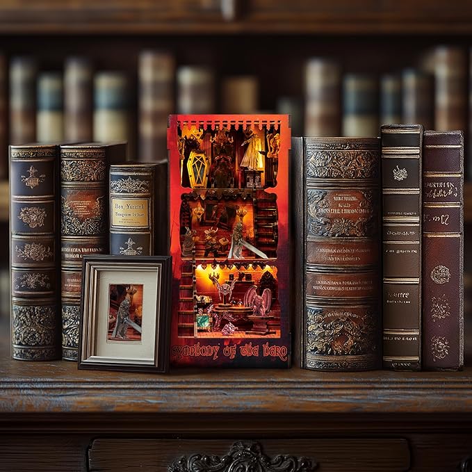 DIY Miniature Dollhouse Booknook Kit, 3D Wooden Puzzle Bookend, Tiny House Library Bookshelf Insert Decor with LED Light, Gift for Adults, Teens, Beginners, and Family(Symphony of The Hero)