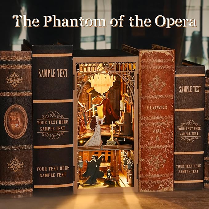 Book Nook Kit, DIY Miniature Dollhouse Booknook Kit, 3D Wooden Puzzle Bookend Bookshelf Insert with LED Light for Teens and Adults (Phantom of The Opera)