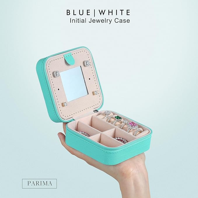 Parima Small Jewelry Box for Girls, Travel Must Have Jewelry Organizer Travel Case | Travel Gifts for Women Girls Jewelry Box | Graduation Gifts for Friends Female | Travel Essential - Letter E, Blue