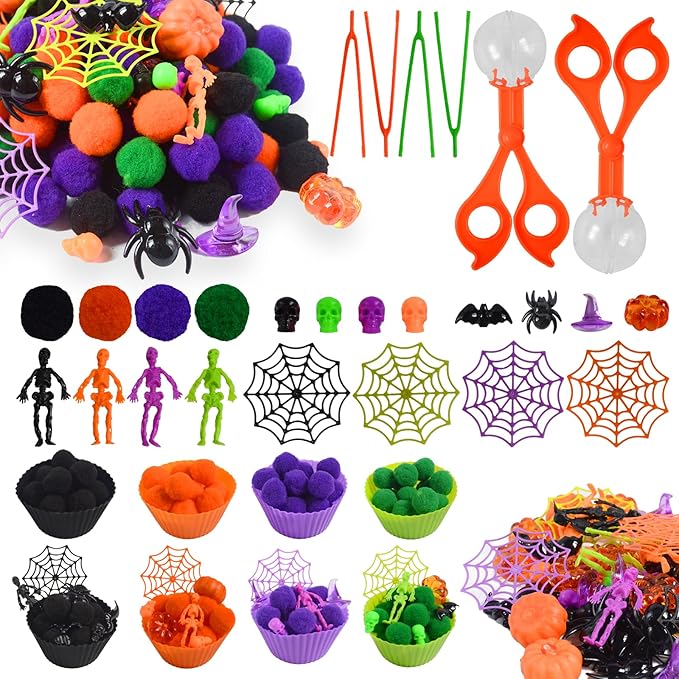 174Pcs Halloween Sensory Bin Filler Fine Motor Toys Horror Sensory Bin Items 100 Pompoms 8 Acrylic Pumkins 8 Witch Hats 8 Spiders 8 Bats 8 Skeleton Men 8 Skull 8 Spider Web 4 Foam Pumkins
