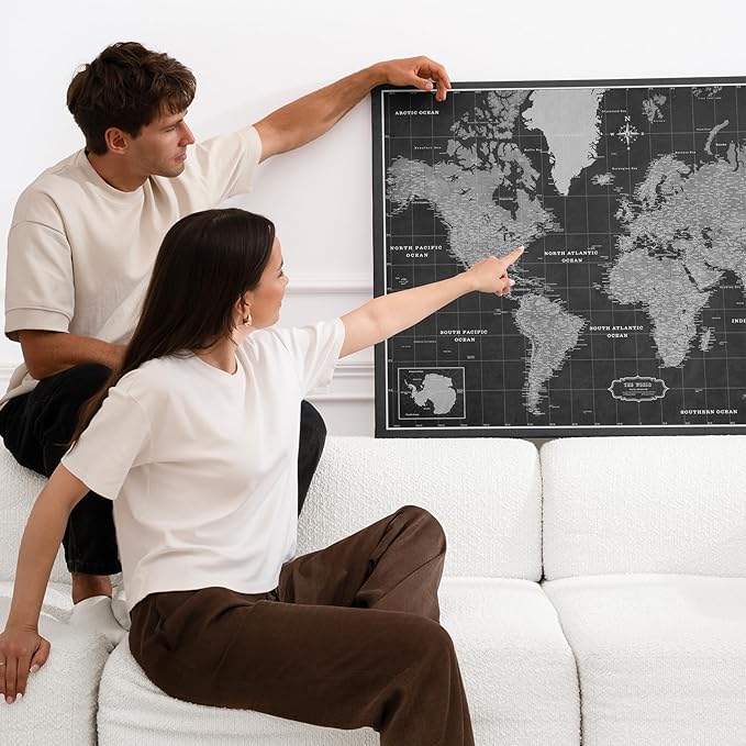 Canvas World Map with Cork Pin Board - English Lettering - Decorative Wall Decoration for All Rooms - Canvas Pictures with World Map Motif (120x80 cm, Pattern 7)