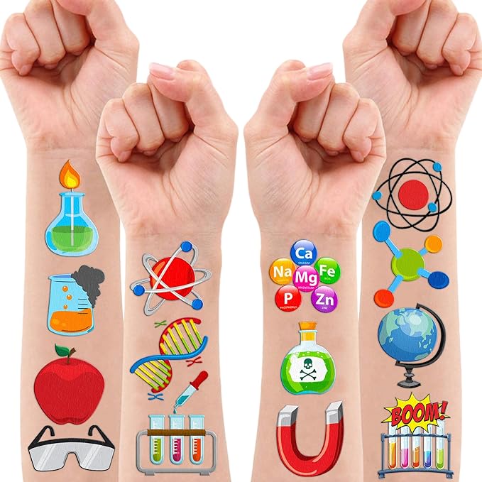 96PCS Funny Science Temporary Tattoos Mad Scientist Laboratory Themed Birthday Party Decorations Favors Supplies Decor Math Chemistry Experiment Tattoo Stickers Gifts For Kids Boys Girls School Prizes