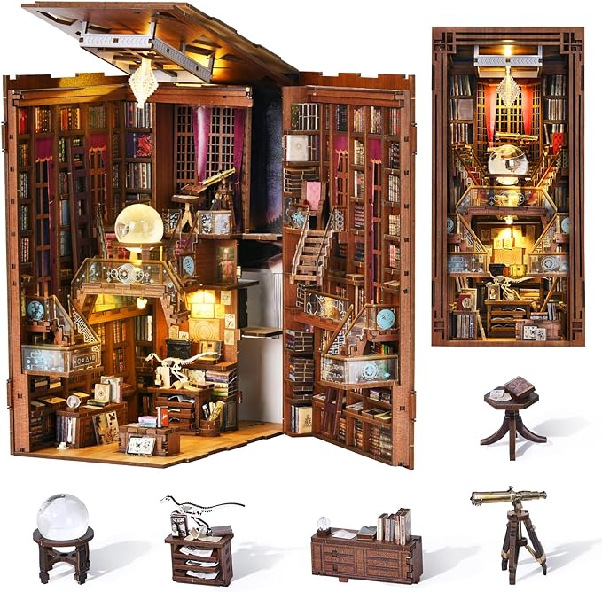 DIY Book Nook Kit, DIY Miniature Dollhouse Booknook Kit, 3D Wooden Puzzle Bookend Bookshelf Insert Decor with LED Light for Teens and Adults (Beyond Library)