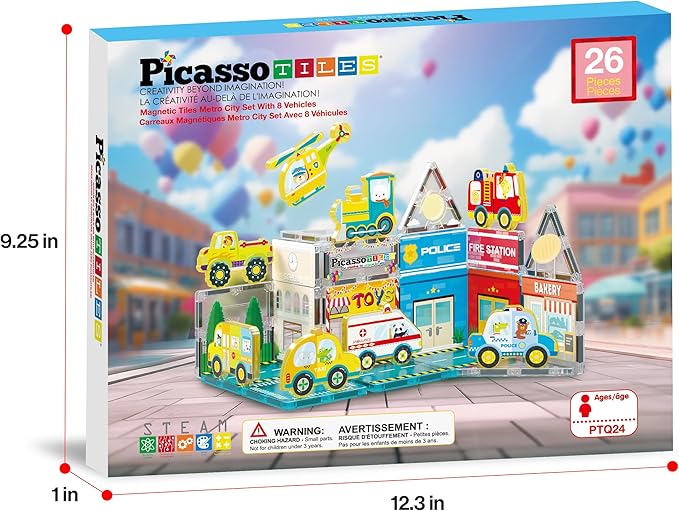 PicassoTiles Magnet Tile Building Blocks Metro City Themed Playset with 8 Character Action Figures Magnetic Tiles STEM Learning Early Education Toy Construction Set Toddlers Boys Girls Ages 3+ PTQ24