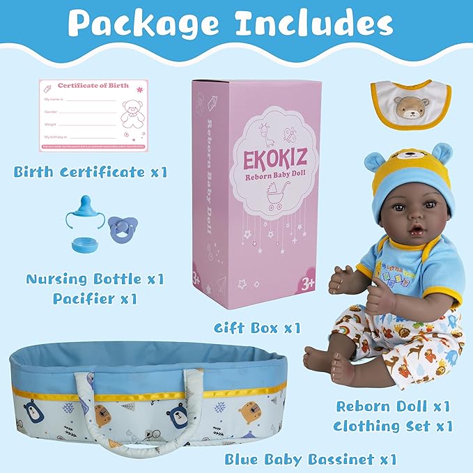 Lifelike Reborn Baby Doll, 18-Inch Realistic African American Baby Dolls Weighted Newborn Boy Doll Soft Cloth Body Real Life Dolls Gift for Kids 3+, Complete with Clothes and Toy Accessories