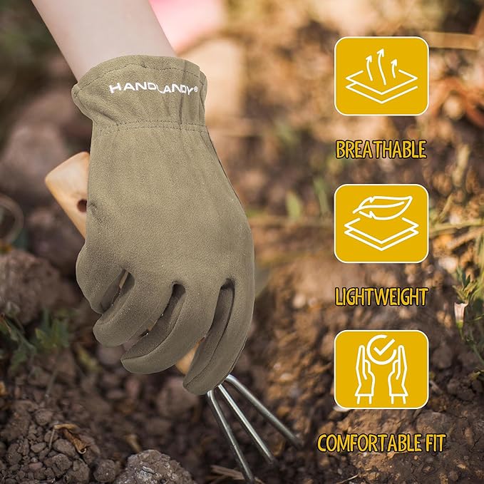 HANDLANDY Kids Genuine Leather Work Gloves for ages 3-11, Children Gardening Gloves for Boys, Girls (Large (age8-11), 2 pairs)