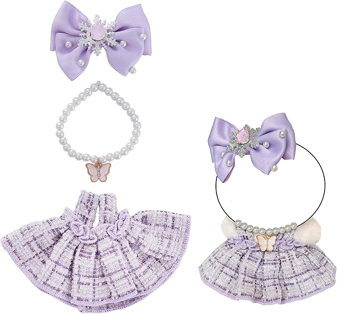 17cm Doll Clothes Set & Dolls Outfit 3-Piece Princess Clothes Set with Purple Dress Necklace and Bow Accessories for 17cm Plush Dolls, Clothes Only, No Doll Included (Purple A)