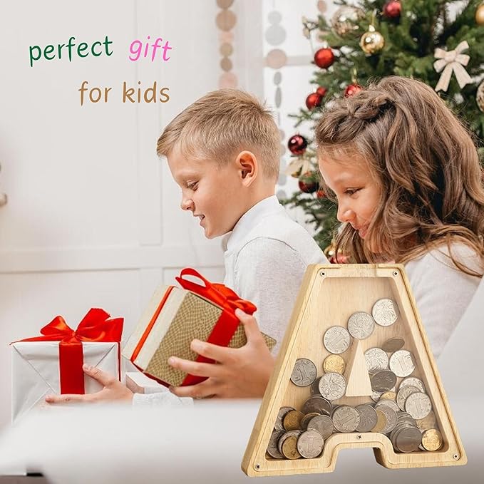 Wooden Alphabet Piggy Bank Clear Acrylic Panel Coin Savings Box Personalized Money Bank for Kids Boys Girls Adults, Birthday Home Décor(J)