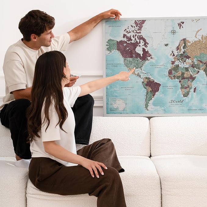 Canvas World Map with Cork Pin Board - English Lettering - Decorative Wall Decoration for All Rooms - Canvas Pictures with World Map Motif (70x50 cm, Pattern 11)
