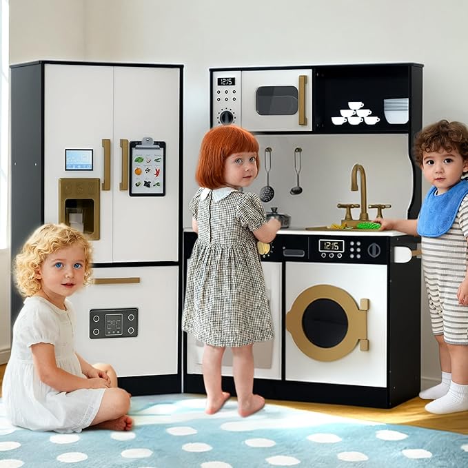 Kinder King Wooden Kids Play Kitchen, Toy Kitchen Playset for Toddler, Play Kitchen Set w/Transparent Coloring Board, Pretend Fridge, Washing Machine, Ice Maker, Gift for Boys Girls Age 3+, Black