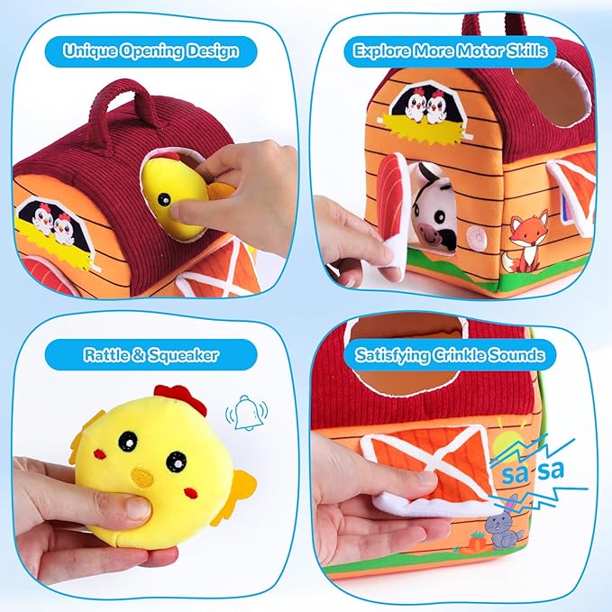 Baby Toys 6-12 Months, Little People Farm with Crinkle, Rattle & Squeaker – Little People Barn with Stuffed Farm Animals for Newborn Infants, Montessori Learning Toys for Babies