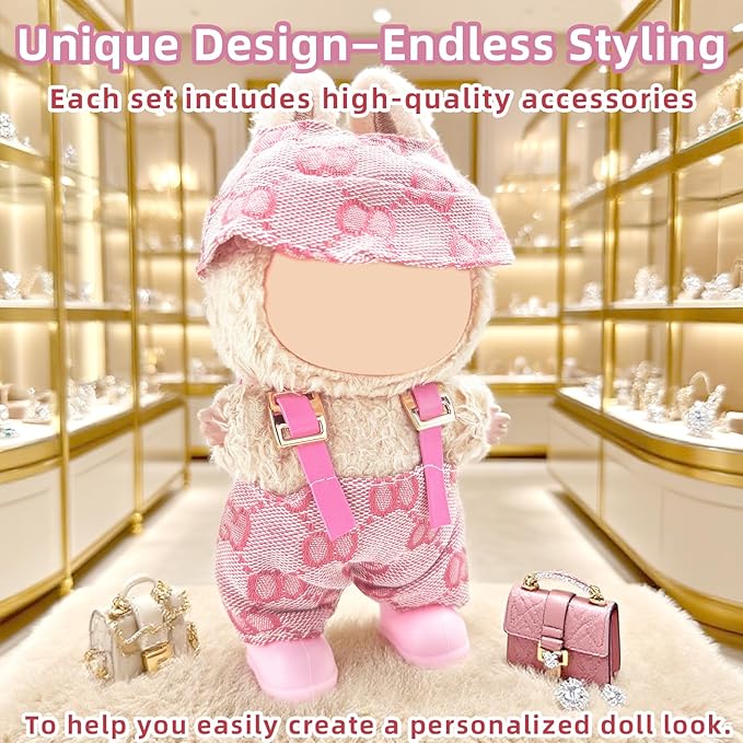 17cm Doll Clothes Set-Adorable Outfits for Dolls-Stylish Accessaries Clothes Dress-Up-Replaceable Clothing Collections, Includes—Chic Hat + Jumpsuit + Shoes (Style D)
