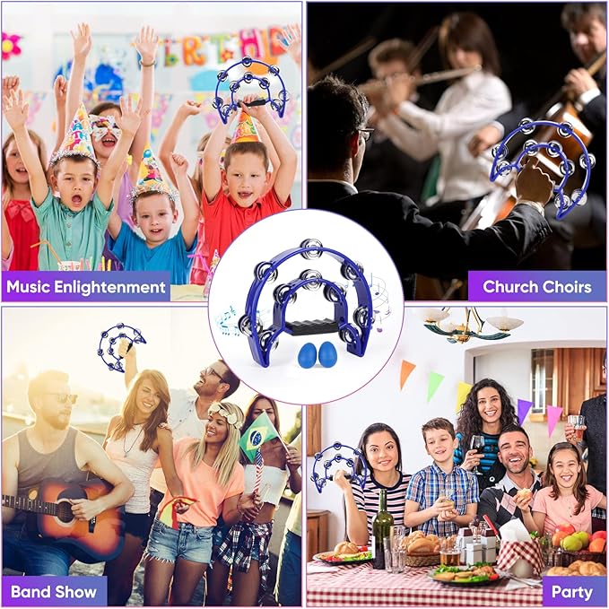 Tambourine Musical Instrument with Egg Shakers - Double Row Metal Jingles Tambourines Half Moon Handheld Percussion Gift for Adults Church Musical Education KTV Party Dance (Blue)