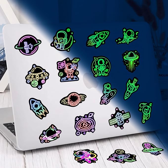 52 Pcs Neon Astronaut Stickers for Kids Glow in The Dark, Waterproof Space Sticker for Water Bottle, Vinyl Laptop Decals for Teens Girls Boys, Students Adults Sticker Pack