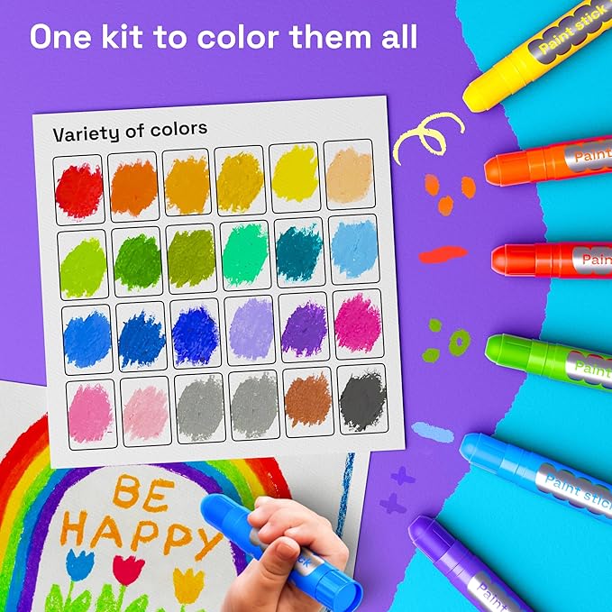 ARTISTRO 100% Washable Tempera Paint Sticks for Kids - 24 Non-toxic Paint Markers for Kids - Color Sticks with Twist Design, Coloring Pages Included