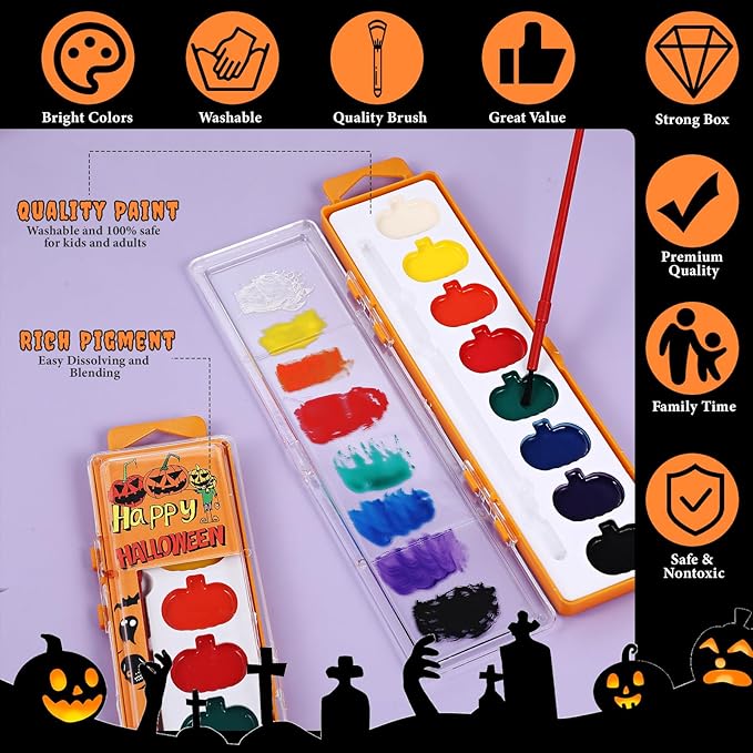 24 Pack Halloween Pumpkin Watercolor Paint Set for Kids 8 Washable Colors with Brushes Water Color Painting Kit for Halloween Painting Kit Gift Party Supplies