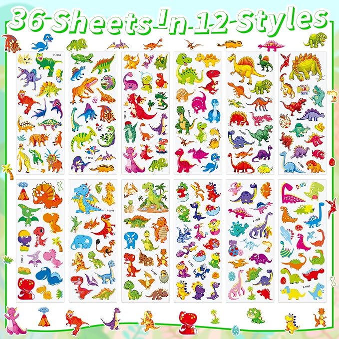 36 Sheets Dinosaur Stickers for Kids - 900+ 3D Puffy Stickers Prehistoric Theme | T-Rex, Stegosaurus, Volcano | Reusable, Waterproof | Crafts, Scrapbooking, Party Favors