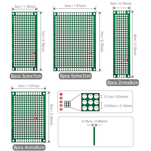 Chanzon 20 Pcs Double Sided PCB Board (4 Sizes - 2X8 3X7 4X6 5X7) Tinned Through Holes FR4 Prototype Kit Printed Circuit Universal Perfboard for DIY Soldering Project Compatible with Arduino Kits