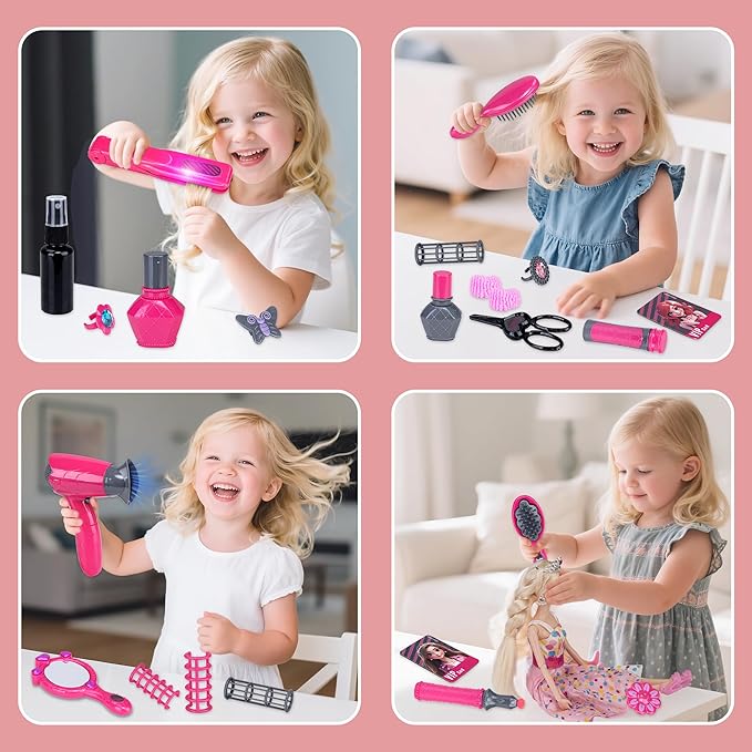 Beauty Hair Salon Playset, 22 Piece Hair Stylist Toy Kit with with Makeup Accessories & Hair Dryer, Pretend Play Set, Christmas & Birthday Gift for Girls
