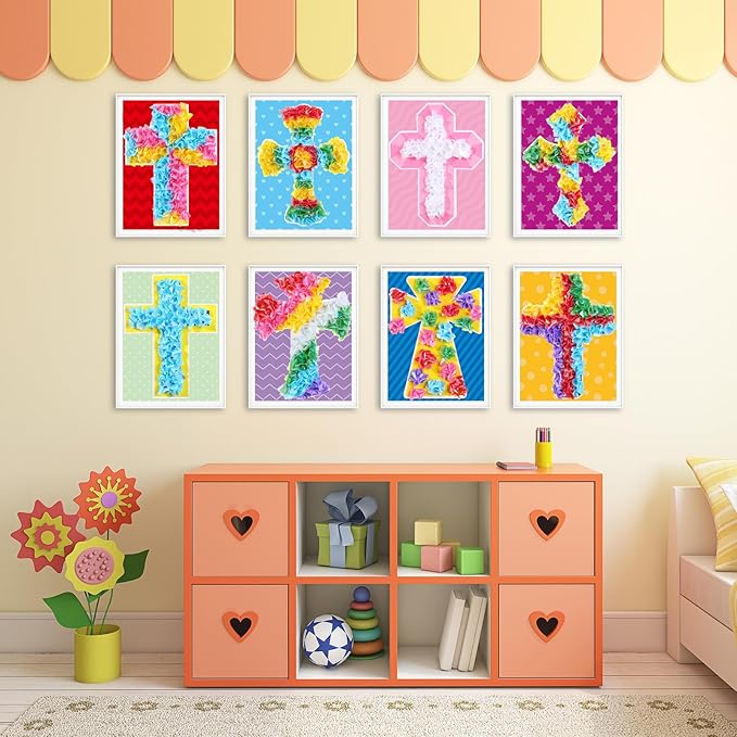 8PCS Poke-in Craft and Art Kit Kids Religious Cross Themed No-Mess Fabric Sewing Art Girl Boy 4-12 Puzzle Puncture Painting Christian Sunday School VBS Creative Activity Game Birthday Party