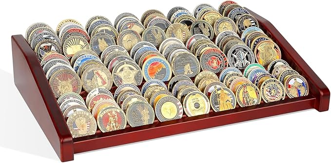 Challenge Coin Holder Display Case - 3 Tiers Solid Wood Military Coin Rack for 80-100 Coins, Army Coin Stand for Desk Display, Mahogany