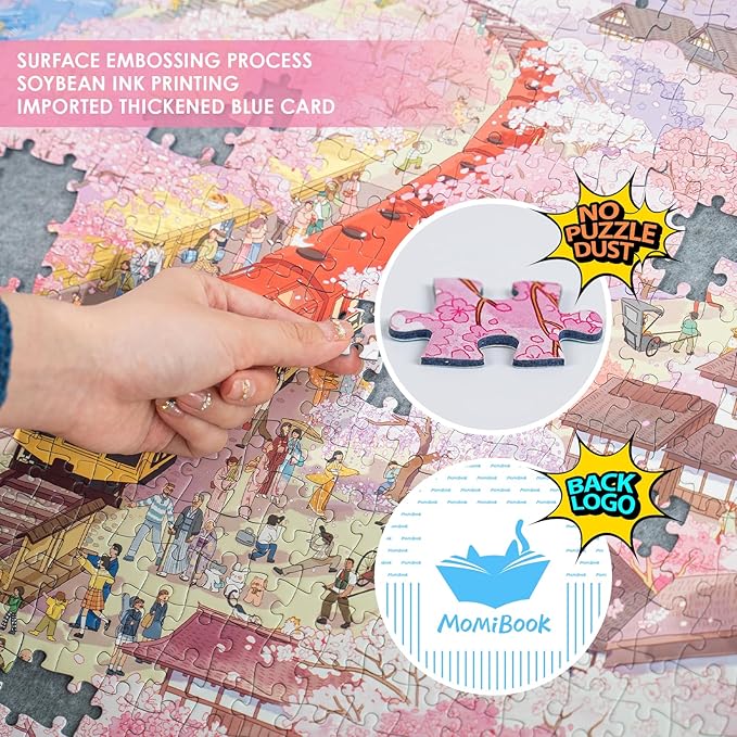 MOMIBOOK 1000 Piece Puzzle for Adults Jigsaw Puzzles of Arashiyama Sakura Tour, Painting Image Cherry Blossom Difficult Challenging Impossible Puzzle Unique Party Christmas Birthday Gifts
