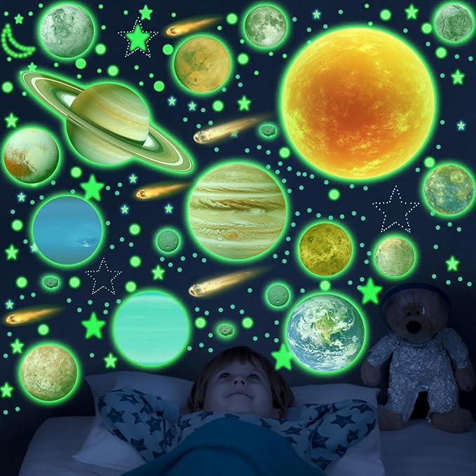 Solar System Wall Decals Glow in The Dark Stars, 965 PCS Stars and Planets Wall Stickers, Baby Nursery Glow Meteorite for Ceiling, Birthday Christmas Gift for Boys and Girls（Green）