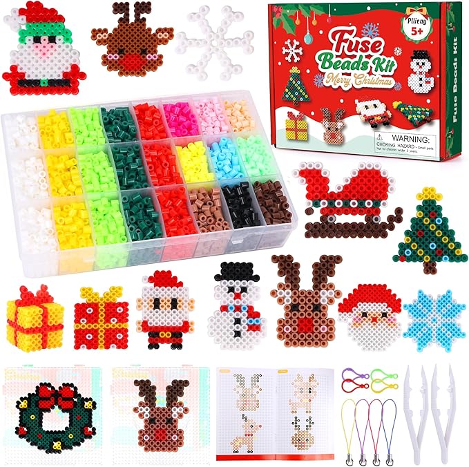 Pllieay 4300PCS Christmas Fuse Beads Kit, 5MM Melty Beads Set, Iron Melting Beads with Pegboards,Ironing Paper and Keychain Accessories, Arts and Crafts Set for Kids Boys Girls Christmas Birthday Gift