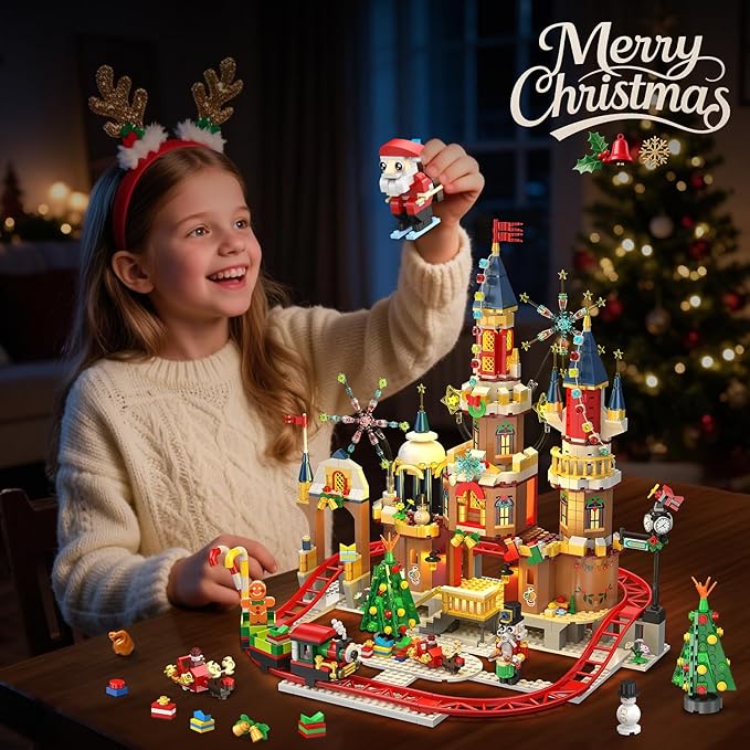 Christmas Castle Roller Coaster Building Set with Lights - 2025 Castle Village Rollercoaster Building Blocks House Xmas Tree Train Santa Claus Playset Gift for Adults Kids Boys Girls -1232PCS