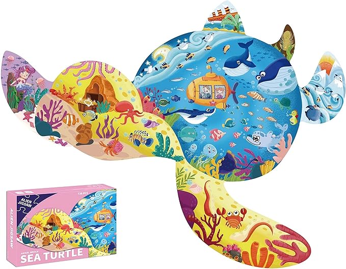 PINU Jigsaw Puzzles for Kids Ages 3-5, 6-8, 8-10, Children Colorful Fun Animal Shaped Puzzle Learning Educational Toys Gifts Games for Boys and Girls (Sea Turtle-136 PCS)