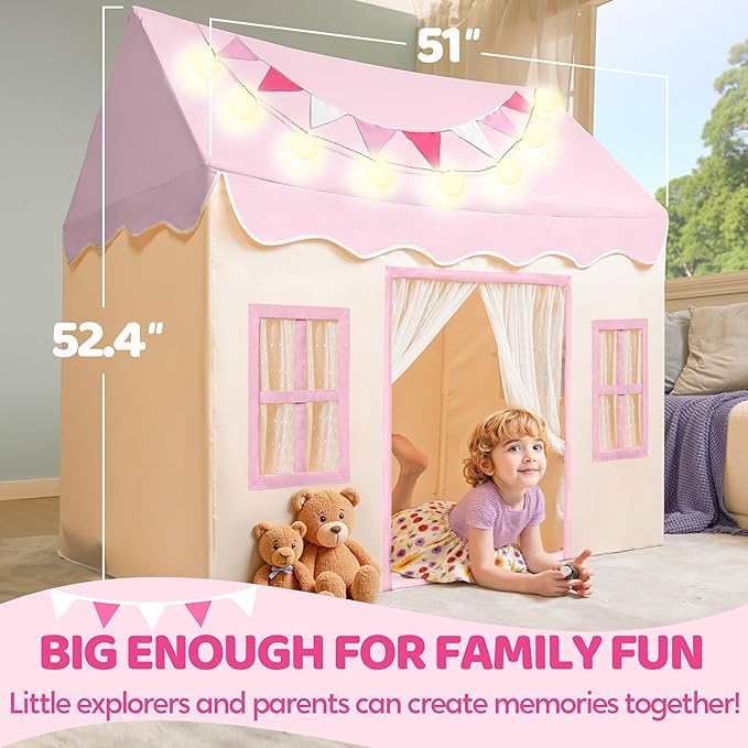 SYNCFUN Play Tent for Kids,Indoor & Outdoor Tent with Blanket,LED Lights & Flags for Toddler,Spacious 51*35*52 Inch,Playhouse for Kids,Ideal Private Space for Reading & Play for Boys & Girls Age 3-7