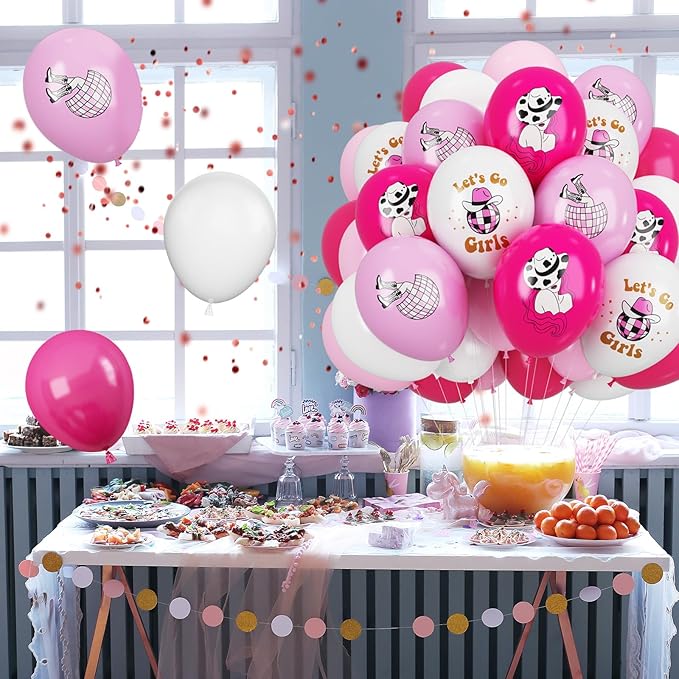 FEYG Cowgirl Balloons, 12 Inch Western Cowgirl Party Decorations Hot Pink Pastel Pink White Cow Party Balloons Cowgirl Print Balloons for Baby Shower Birthday Cowgirl Theme Party Supplies