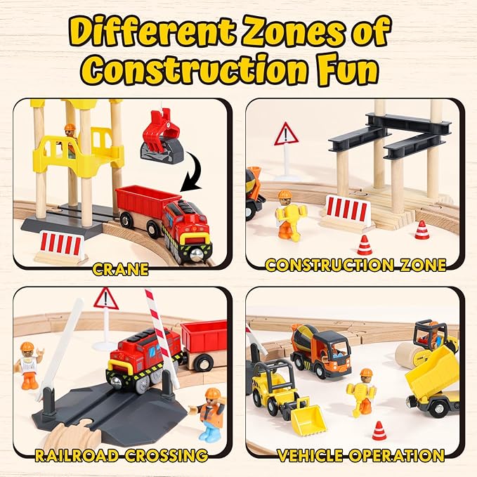 Lehoo Castle Wooden Train Set, Construction Toys Train Set for Toddlers 2-4, Wooden Train Track for Kids w/Crane, Railway Playset Toys for 3 Year Old Boys Girls