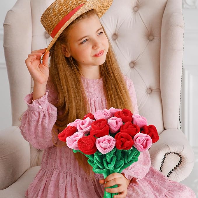 18 Pcs Plush Rose Flower Stuffed Bendable Stems Plush Bouquet Toy Soft Floral 12.6 Inch for Graduation 2025 Mother's Day Valentines Day Girl Girlfriend Wife Family and Friends(Red Pink Series)