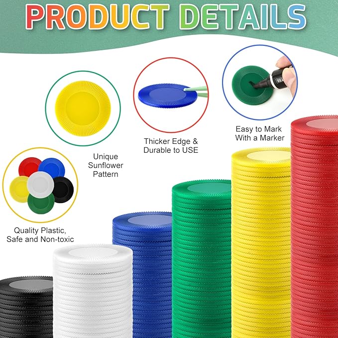 Coopay 600 Pieces Plastic Poker Chips Bingo Chip Bulk Learning Counters Disks Poker Card Game Counting Markers for Math Practice, Game Tokens and Teaching Rewards, 38 mm/ 1.5 Inches (6 Colors)