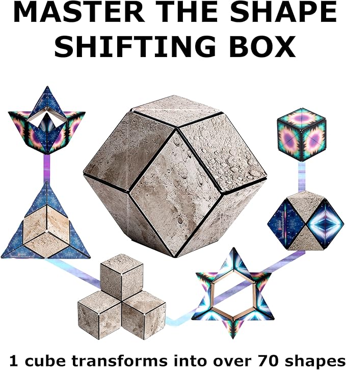 SHASHIBO Shape Shifting Box - Award-Winning Fidget Toy w/ 36 Rare Earth Magnets - Fidget Cube Transforms Into Over 70 Shapes, Sensory Toy Gift for Kids, Teens, and Adults (Moon)