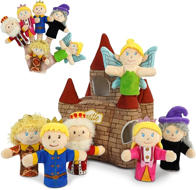7 Pcs Fairy Tale Finger Puppets Set,4 inch Fairy Tale Member Soft Plush Hand Puppets for Kids with Castle,Finger Puppets for Toddlers Princess Puppet Mini Toy Storytelling Role-Playing
