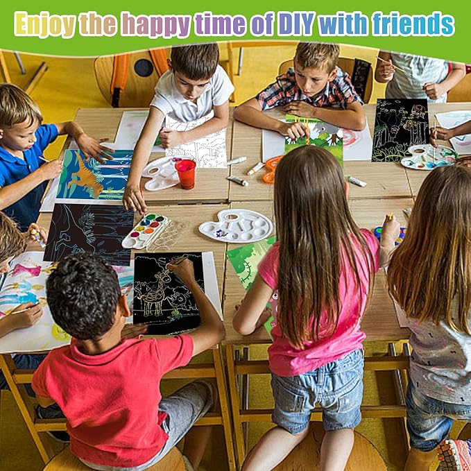 3 Set Magic Scratch Paper Art, Colorful Magic Drawing Art Book with 3 Scratch Pen for Birthday Halloween Christmas Party Games Projects Kits （Dinosaurs/Spaceman/Giraffe）