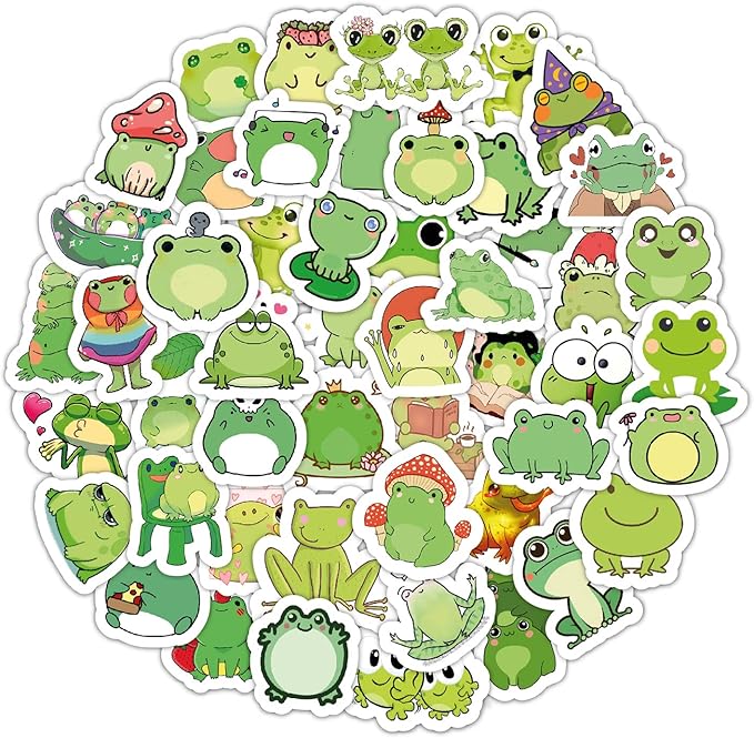 BulbaCraft Kawaii Frogs Stickers Set, 50 Pcs Green & White Vinyl Decals for Kids, Waterproof, Scratch Resistant, Indoor Usage, Single Use, Water Bottle, Laptop, Scrapbook, Journal, Frog Theme
