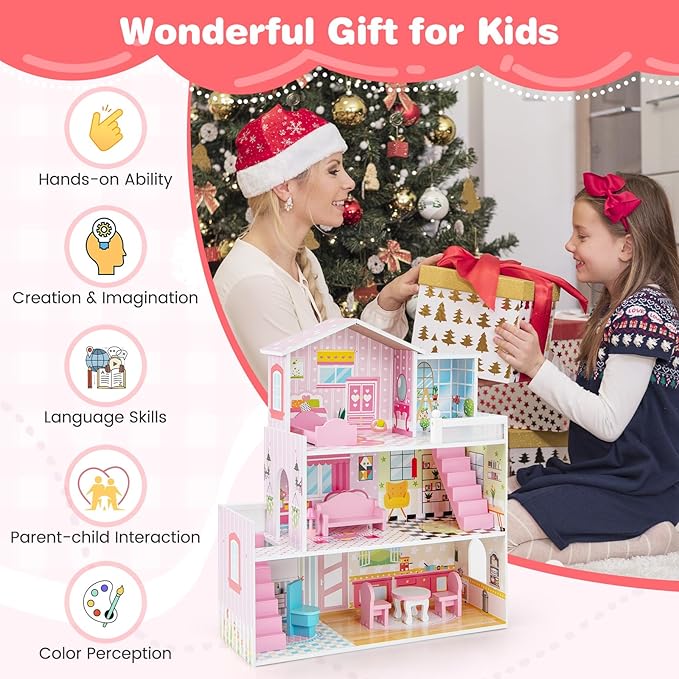 Costzon Wooden Dollhouse for Kids, 3-Story Semi-Open Doll House with 5 Rooms & 10 Pieces Furniture Set, Ladders & Balcony, Preschool DIY Pretend Play Dollhouse Toy, Gift for Girls & Boys Ages 3+
