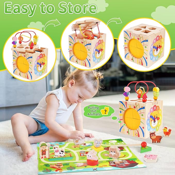 Toddler Wooden Activity Cube Toys, Montessori Toys for 1 2 3 Year Old Boy Girl, Educational Learning Toy for Toddlers 1-3 2-4 Years, Sensory Infant First 1st 2nd one two Christmas Birthday Gifts