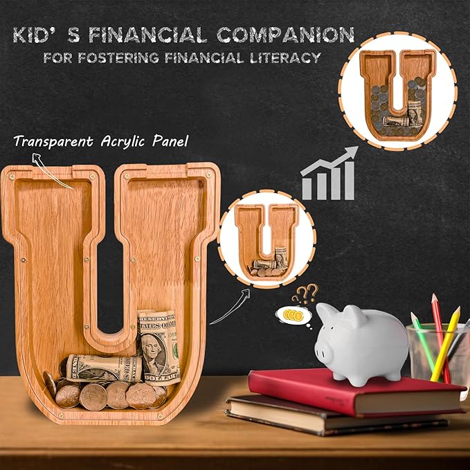 Wooden Letter Piggy Bank for Kids Larger Letter Piggy Bank for Boys and Girls Personalized Piggy Bank Initial Coin Bank Wood Kids Money Bank for Birthday and Festival