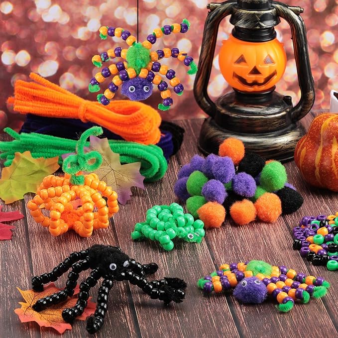 WILLBOND Halloween Pony Beads Plastic Beads Pipe Cleaners for Crafts Pompoms Chenille Stems and Wiggle Eyes for Halloween Party DIY Crafts Decorations Supplies Jewelry Making