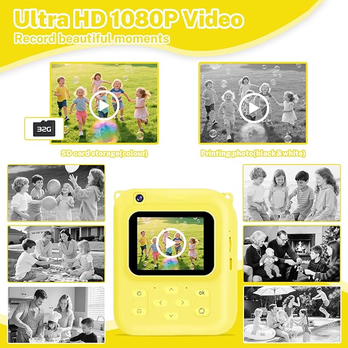 Instant Print Camera for Kids, 1080P Video Camera with 3 Print Rolls, 32GB Card & Cute Cover, Gift for Girls Boys Age 3-12, Toddler Digital Camera with Games, Filters, Music – Yellow
