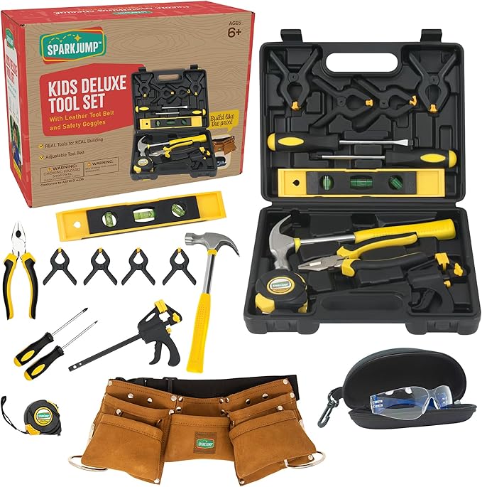 SparkJump Deluxe Kids Tool Set, Real Tools with Leather Tool Belt & Tool Box, Beginner Tool Kit for Boys & Girls Ages 4-6 & Up, Brown Ultimate Tool Set