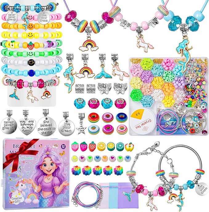 Taybonds Bracelet Making Kit for Girls Ages 4-12, 2200+ Beads Jewelry Craft Set with Charms, Unicorn Mermaid Pendants, Alphabet Beads, DIY Necklace Bracelet Kit Gift for Kids