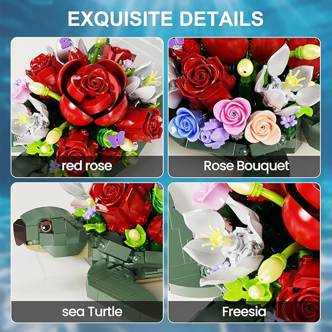 Sea Turtle Rose Bouquet Succulent Planter Building Set, Compatible with Lego Flowers Plants Pot, Creative Plants and Animals Home Decoration Blocks Toy, Gifts for 6+ Girls, Women (588PCS)