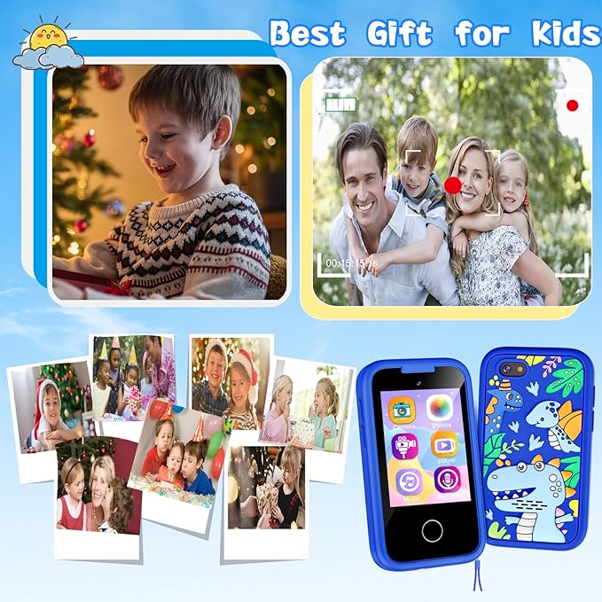Kids Phone Birthday Gifts Toy for 3 4 5 6 7 8 9 10 Year Old Girls Boy,Toddler Kid Smart Phone with Dinosaur Silicone Cover Educational Games,Music Player,Toys for Girls Boys Age 3-8(Blue)