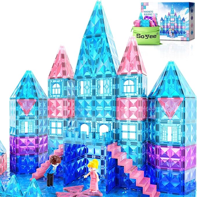 Magnetic Tiles 102pcs with 2 Stairs 2 Dolls Princess Castle Building Girls Toys Age 4-5 6-8 Magnetic Blocks Birthday Xmas Gifts for Girls Toys for 3 4 5 6 7 8+ Year Old