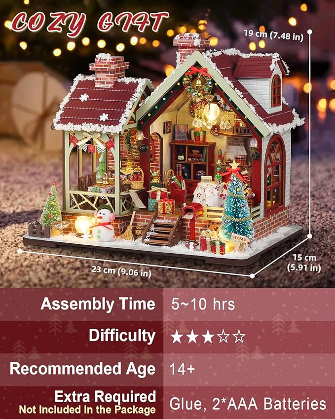 Miniature House Kit – Warm Christmas Lodge, DIY Wooden Dollhouse with LED & Music Box, Tiny House Craft Gift for Teens Families Friends